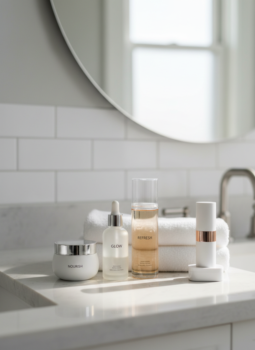 A serene bathroom vanity scene for a Glow category review, featuring a carefully arranged trio of skincare products: a frosted glass serum bottle with dropper, a smooth white cream jar, and a tall, translucent toner bottle. They rest on a pale stone countertop with subtle veining, beside a folded, plush white towel and a small, unbranded handheld beauty device with a sleek metallic accent. Soft, diffused morning light from an unseen window creates delicate reflections on the glass and metal, with gentle shadows that add depth without clutter. Captured at eye level with a shallow depth of field, keeping the products sharply defined against a softly blurred mirror and tiled wall. The mood is fresh, clean, and professional, highlighting careful personal testing and honest glow-focused reviews.