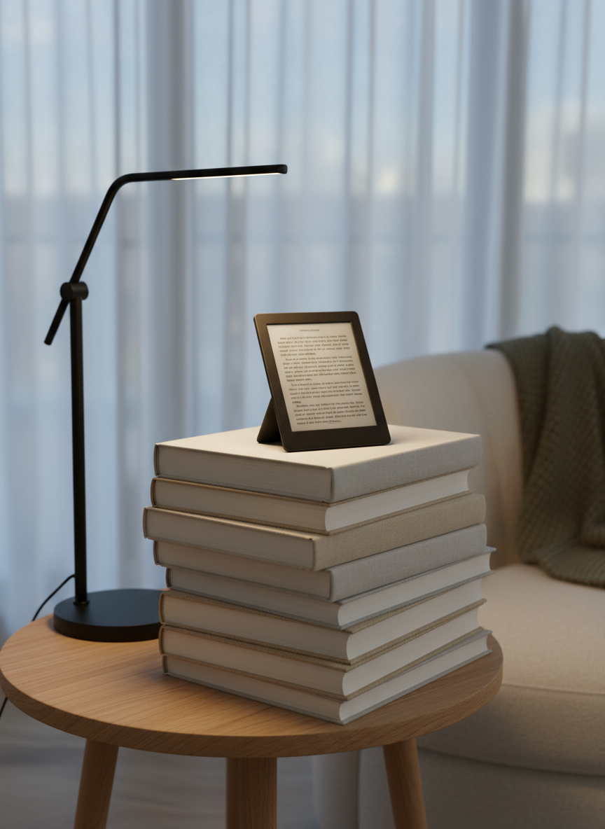 A cozy reading nook styled for a Read category review, with a stack of neutral-toned hardcover books on a natural oak side table, next to a high-quality reading device and a minimalist task lamp. The books have simple, unbranded covers and visible paper texture along the edges. The lamp casts warm, focused light that pools across the tabletop, while cooler late-afternoon daylight filters through sheer curtains in the background. Shot from a slightly elevated three-quarter angle, with the stack of books in the foreground and the reading device just behind, creating layered depth. The atmosphere is calm and contemplative, with photographic realism and a clean, modern composition that reflects thoughtful, in-depth product reviews.