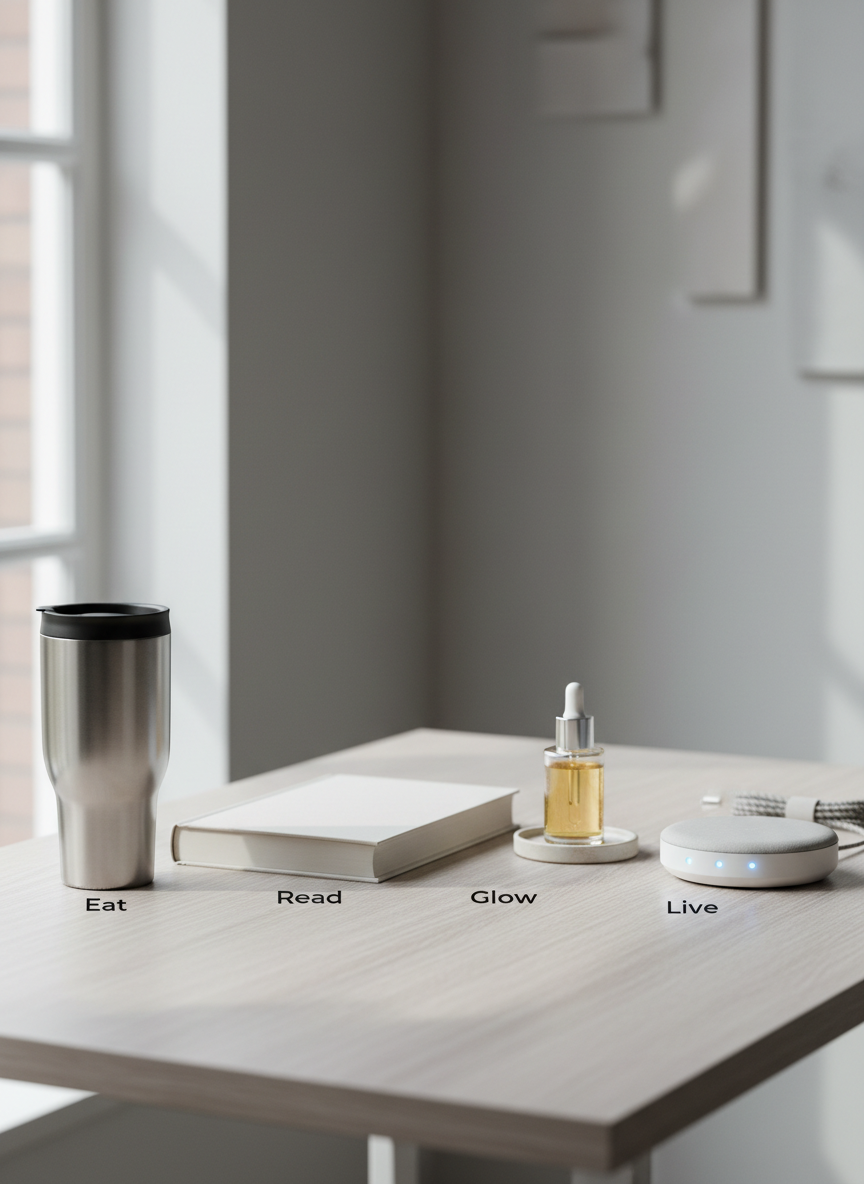 A clean wooden desk styled for a product review blog, featuring four carefully arranged items: a sleek stainless-steel travel mug, a crisp hardcover book with a blank minimalist jacket, a luminous glass skincare bottle, and a compact smart home gadget with subtle indicator lights. They are positioned in four neat zones that subtly suggest Eat, Read, Glow, and Live categories. Soft natural daylight from the left washes over the neutral background, creating gentle shadows and a calm, professional atmosphere. Shot at eye level with a shallow depth of field that keeps the four products in sharp focus while the background fades into a soft blur. Photographic realism with a clean, modern aesthetic suited for a polished review site hero image.