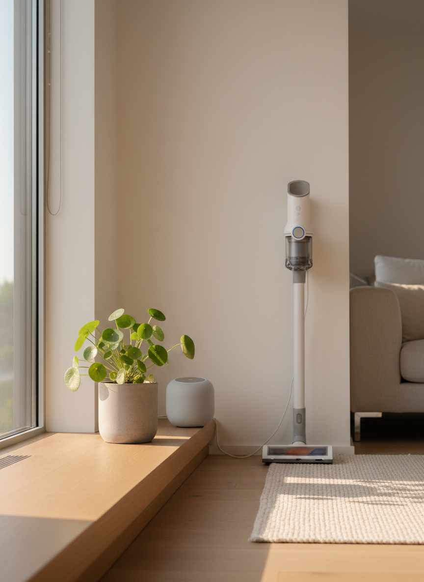 A modern living room vignette for a Live category review, featuring a compact smart speaker, a streamlined cordless vacuum docked neatly against the wall, and a small indoor plant in a concrete pot on a low oak shelf. The devices have matte finishes in soft gray and white, with subtle indicator lights suggesting functionality without showing any text. Warm late-afternoon sunlight slants in from a side window, casting long, soft shadows across the smooth hardwood floor and textured fabric rug. Shot from a low, slightly angled perspective that leads the eye from the plant to the speaker to the vacuum, creating a sense of real-life home integration. The photographic style is clean and modern, conveying a calm, organized lifestyle shaped by carefully reviewed products.